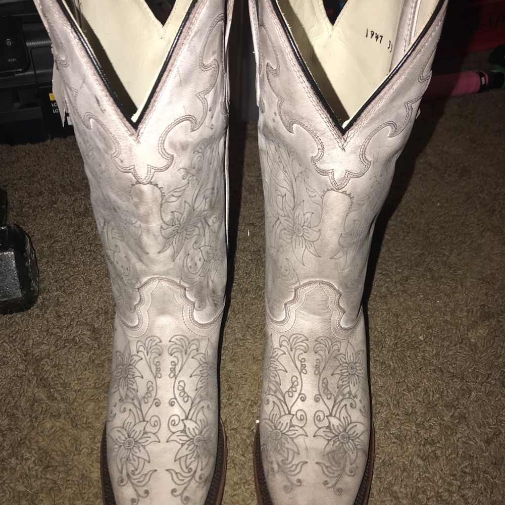 Light grey tooled cowboy boots